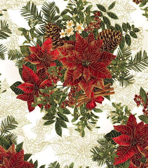 Red Realistic Poinsettias on White Christmas Cotton Fabric